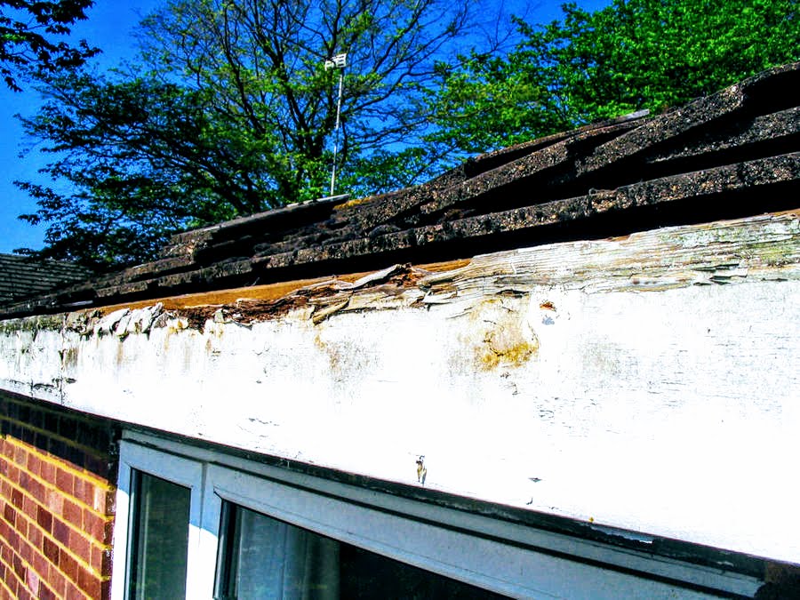A house with a damaged roof in need of roof replacement.