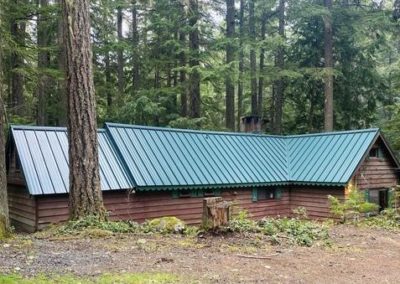 A cabin in the woods with a green metal roof, constructed by a skilled roofing contractor.