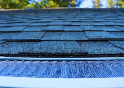 A close up of a residential roof with a gutter.