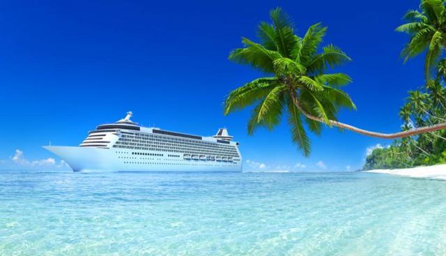 A tropical beach cruise ship surrounded by palm trees.